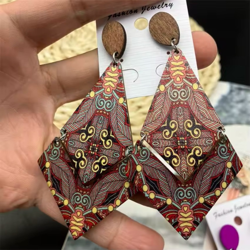Bohemian Ethnic Abstract Pattern Statement Earrings Wood Wooden Statement Large